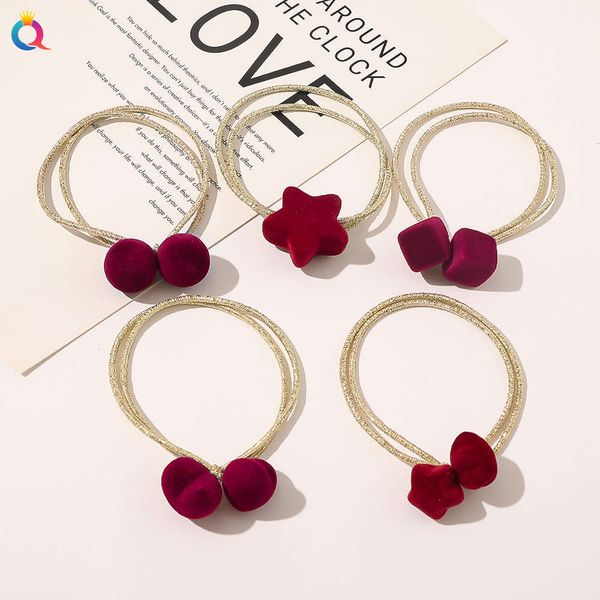 

hairpin qiyue velvet star geometric rope rubber band red flocking hair ring headband ball headdress, Golden;silver