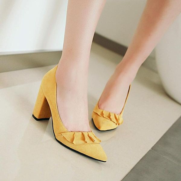 

dress shoes simple thick high-heeled with pointed tip and flounces for women, Black