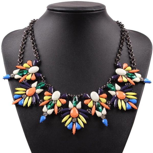 

pendant necklaces fashion design autumn party jewelry colorful resin crystal black chain statement necklace for girls, Silver