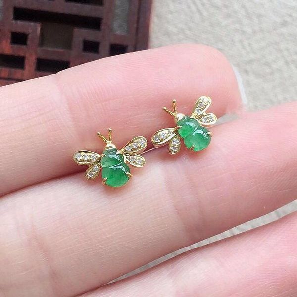 

stud original silver inlaid natural chalcedony sweet green gourd bee earrings exquisite fashion all-match ladies accessories, Golden;silver