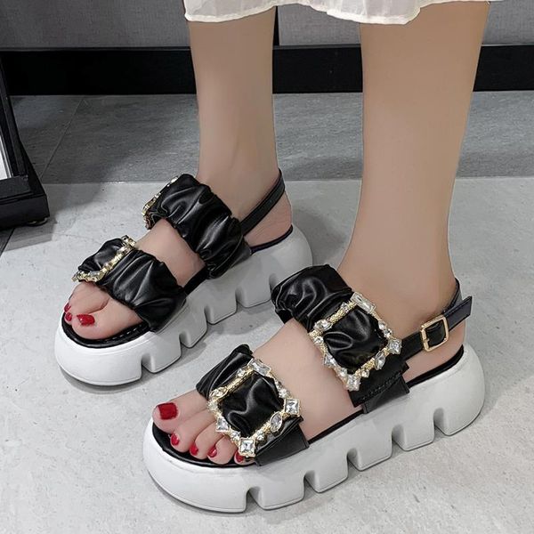 

sandals rimocy summer crystal buckle platform women 2021 pleated thick bottom gladiator sandal woman sports flats sandalias lady, Black