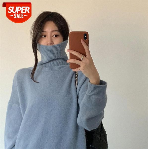 

[huang zheng] drop-shoulder sleeves high-neck solid color loose sweater women korean style all-match knitted m8317 #eb6n, Black;gray