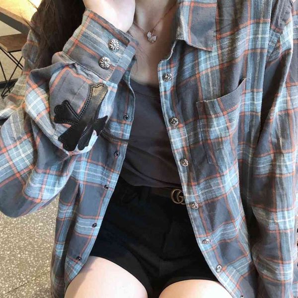 

2021aw croix new leather cross embroidery couple silver button plaid shirt, White
