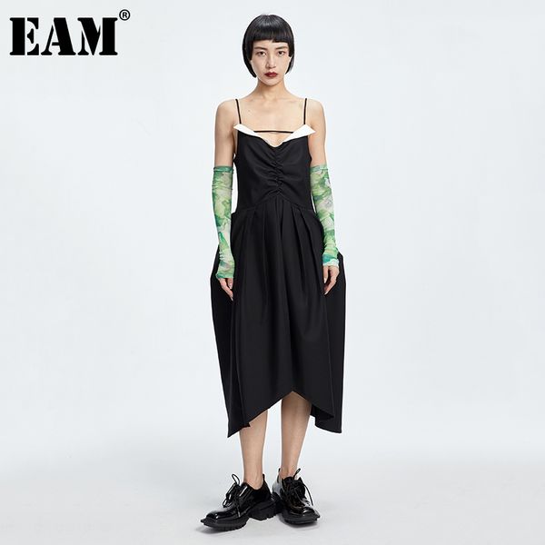 

[eam] women black peated contrast color spaghetti strap dress sleeveless loose fit fashion spring summer 1dd8350 210512, Black;gray