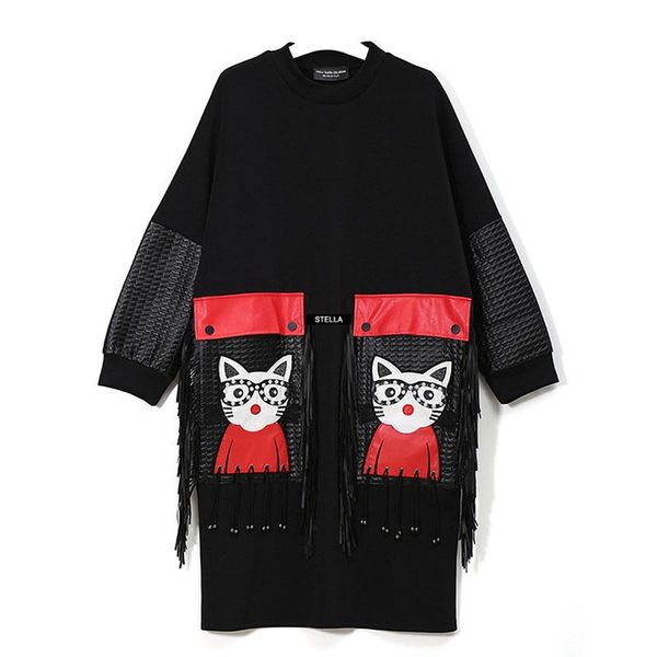 

casual dresses 2021 winter loose tassels knitting women dress large size high-quality splicing cartoons womens korean version nhb41, Black;gray