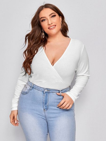 

plus surplice neck rib-knit tee 96sd#, Black