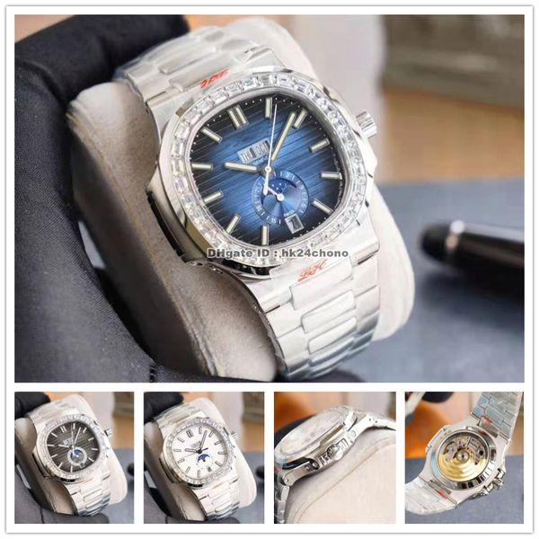 Relógios de alta qualidade 5726 Calendário Anual de Moldura de Diamante CAL.324 Autoamtic Mens Relógio Azul Branco Preto Dial Pulseira de Aço Esportes Gents Relógios de Pulso