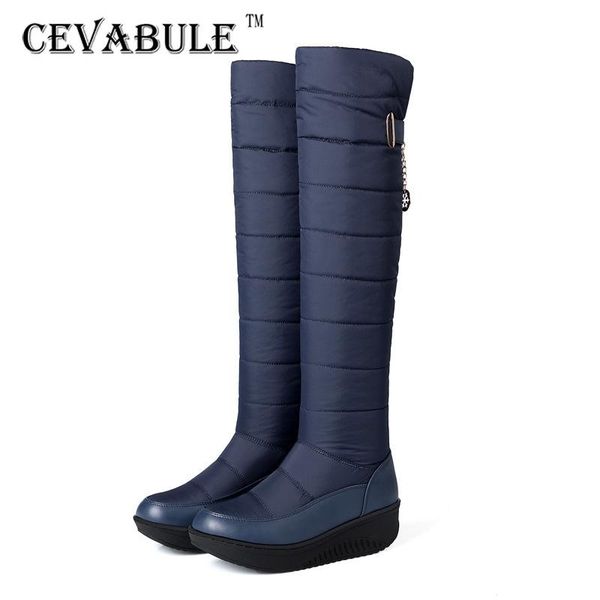 

boots cevabule 2021 thick feather flannel snow slope sponge cake casual over knee leather women tyx, Black