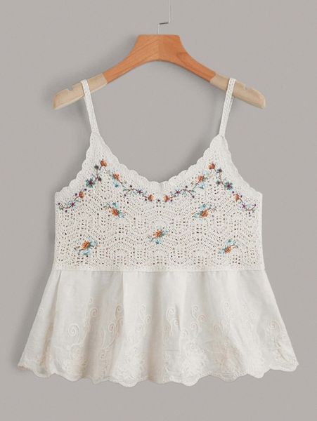 

floral embroidery scallop trim cami o1ng#, White