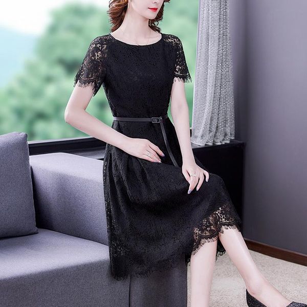 

casual dresses women vintage black lace midi short sleeve dress summer plus size solid sundress 2021 elegant bodycon party vestidos, Black;gray