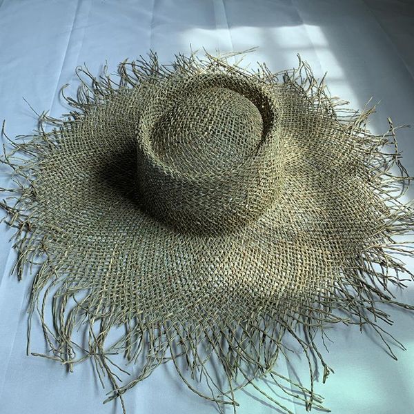 

wide brim hats summer hats, female burrs, big brim, seaweed, hand-woven straw all-match beach sunscreen sun, Blue;gray