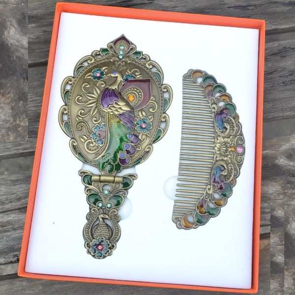 

mirrors europe oval fold hand mirror peacock decoration metal portable decortive makeup beauty for gifts j054