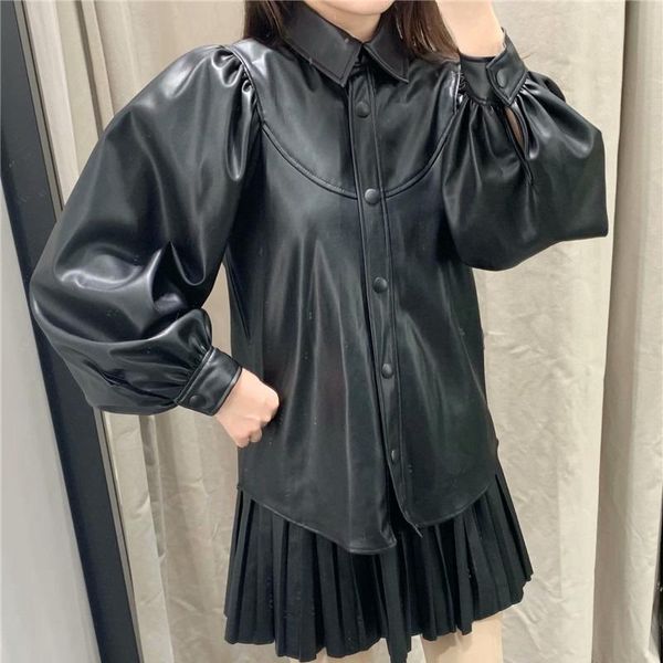 

women's jackets shengpalae 2021 autumn and winter fashion casual black loose long puff sleeve buttons leather coat women se022, Black;brown