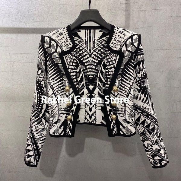 

women's jackets luxury design 2021 autumn fashion double breasted knitted cropped jacket geometric print temperament women coat woman, Black;brown