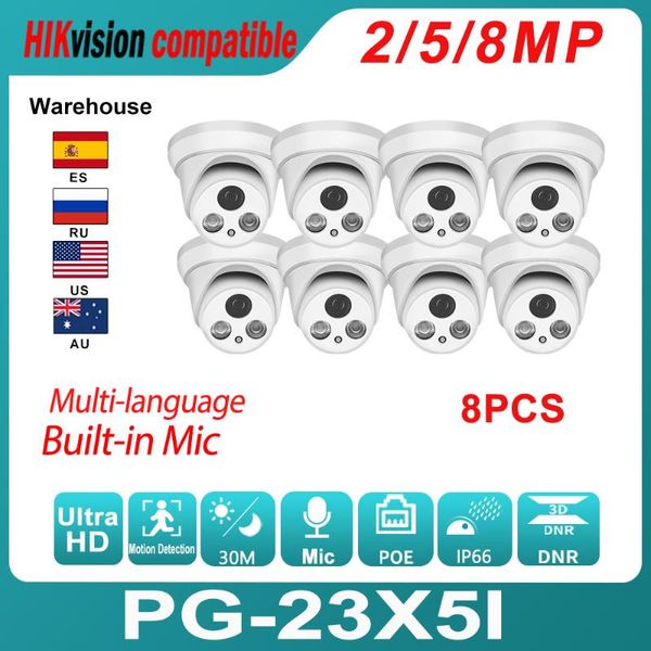 

hikvision compatible ip dome camera 8pcs 8mp 5mp poe built-in mic h.265 onvif ir range 30m motion detection ip66 waterproof cameras
