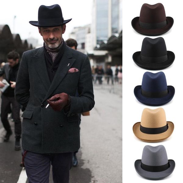 

wide brim hats men women wool felt classical homburg bowtie band fedora caps trilby sunhat jazz winter warm adjustable size m, Blue;gray
