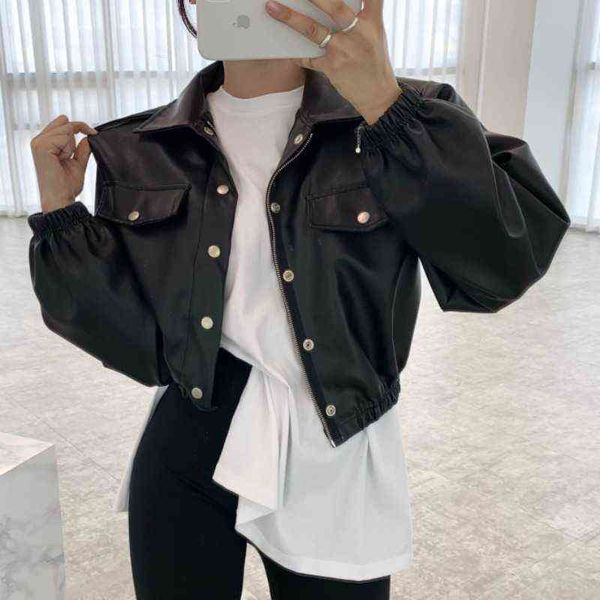 

korean chic autumn and winter new niche lapel single breasted versatile thin short black leather jacket women