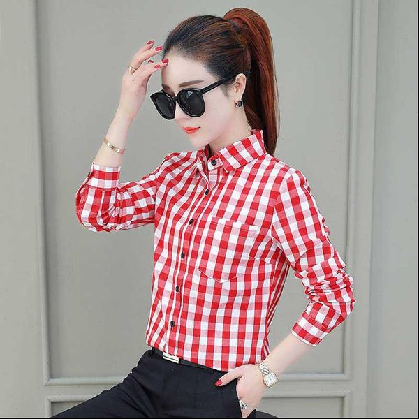 

spring autumn style casual women blouses long sleeve plaid printed blusas with pocket df2807, White