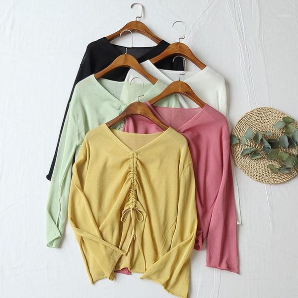 

women's sweaters v-neck solid kintted pullovers women casual drawstring summer knitwear ladies streetwear strappy sweater tee cws0212-5, White;black