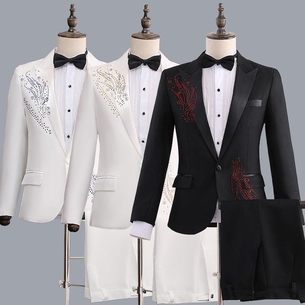 

men's suits & blazers (jacket+pants) men sparkly rhinestones white black suit male singer chorus compere master for wedding performance