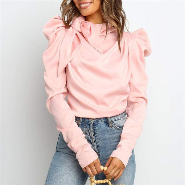 

women's t-shirt fashion women satin bow neck long puff sleeve black elegant outwear shirt office lady classic blusas chemise outfits, White