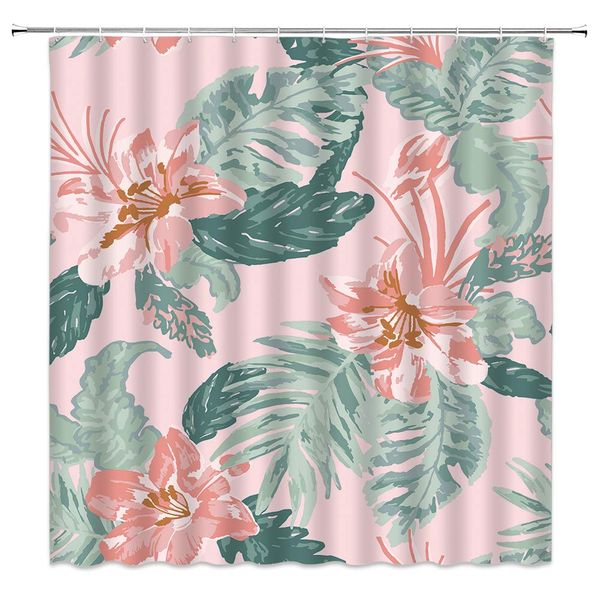 

tropical plants floral shower curtain decor hand painted style banana leaf hibiscus palm leaf pink backdrop green fabric bath