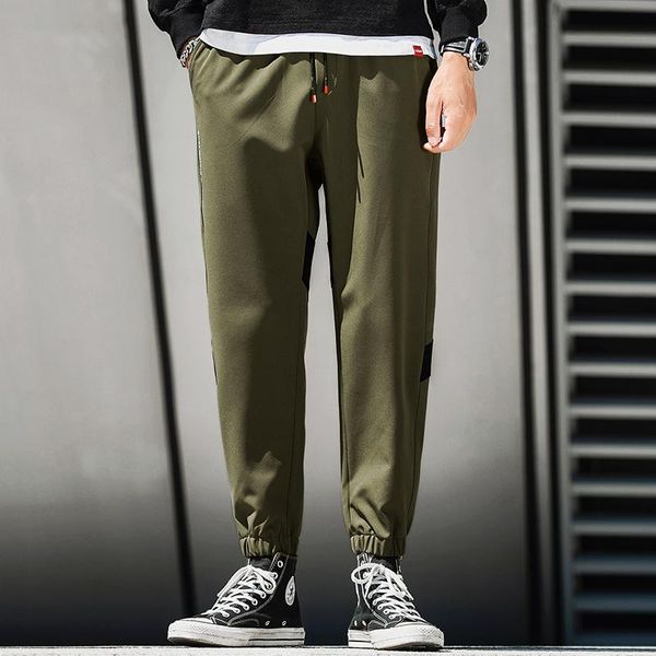 

men's pant army green elastic waist trousers with pocket casual ankle length pants for male pencil 4xl korean, Black