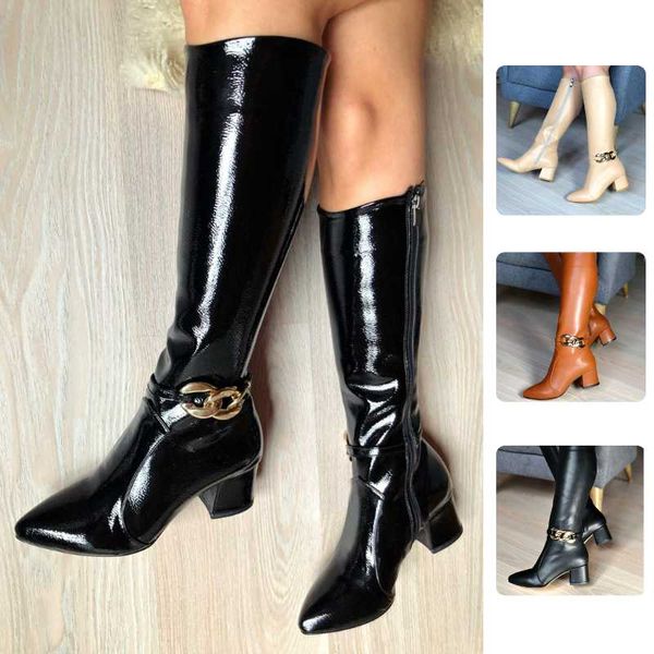 

boots size 34-43 2021 faux leather women knee high heel pointed toe casual footwear long botas warm winter shoes zip, Black