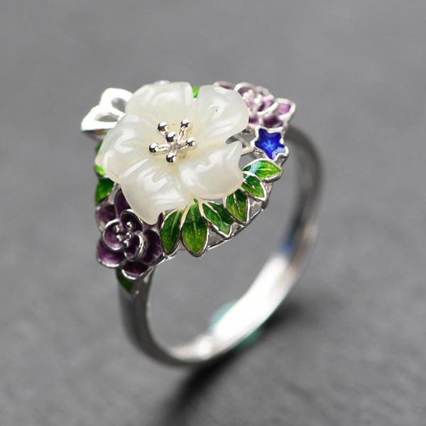 

cluster rings fnj hetian jade enameling flower ring 925 silver fashion original s925 sterling for women jewelry adjustable size, Golden;silver