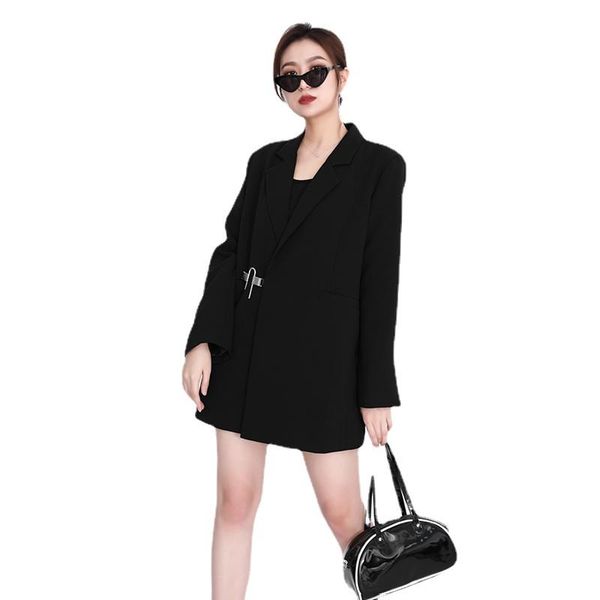 

women's suits & blazers women black irregular buckle big size lapel long sleeve loose fit jacket fashion spring autumn 2021 blazer, White;black
