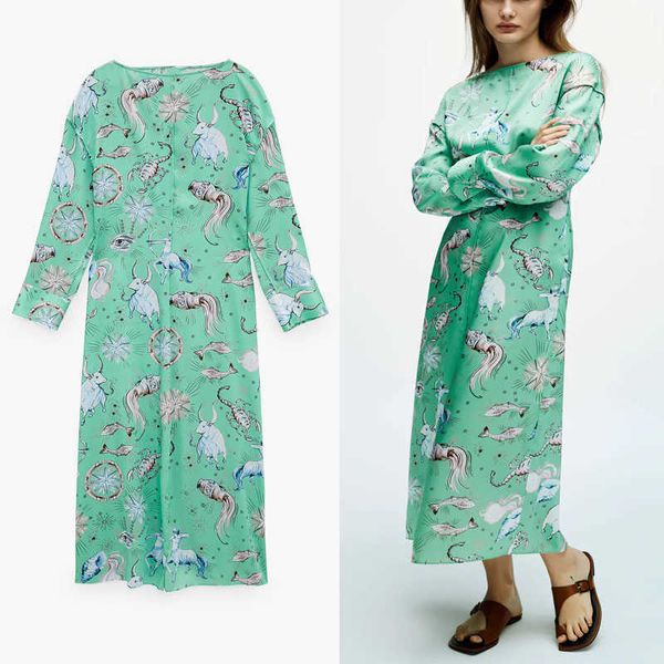 Za Print Boatneck Midi Green Abiti Donna Manica lunga Vintage Spring Dress Donna Chic Side Zip Flowy Abito elegante 210602