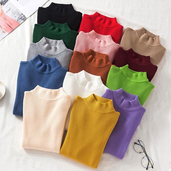 

long sleeve knitted warm women sweater pullover korean oversize turtleneck jumper solid elasticity slim fit clothes, White;black