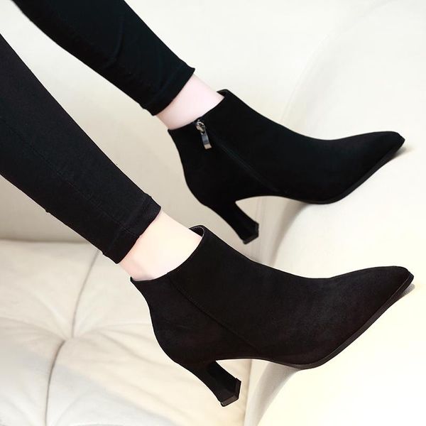 

boots korean style women's casual banquet prom wear high heels shoes cow suede leather boot ladies ankle botas mujer bottes, Black