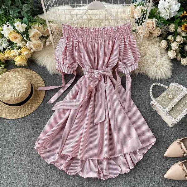 

women ins holiday slash neck short sleeve lace-up high waist slimming retro stripes irregular dress vestidos k193 210527, Black;gray