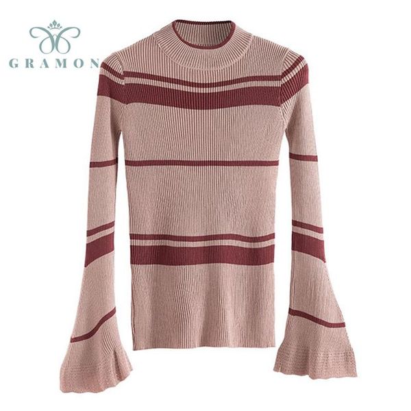 

women's sweaters striped slim sweater for women flare sleeve bottoming pullover fall winter casual knioversize sueters de mujer, White;black