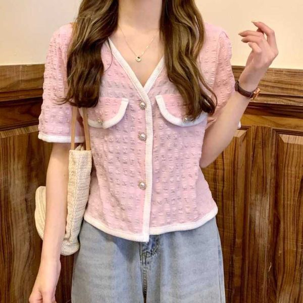 

korea women summer fashion v-neck short sleeve shirt single breasted solid cardigan chic 210526, White