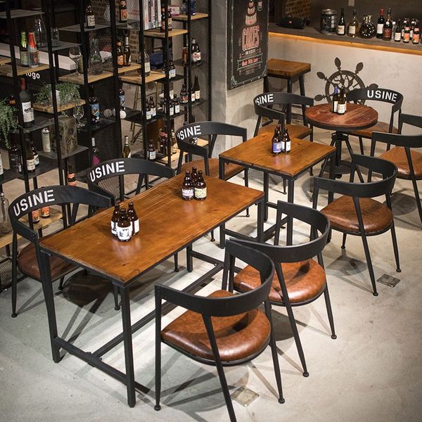 

industrial style solid wood dining room furniture and chair combination creative retro restaurant milk tea shop coffee bar rectangular table