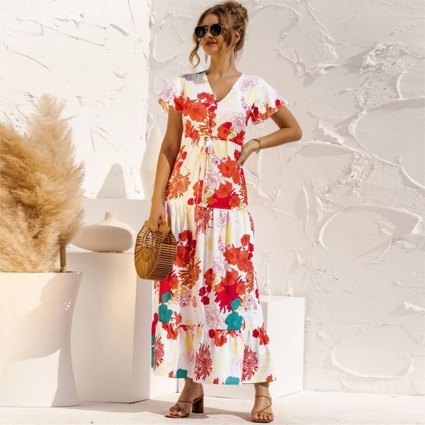 

dress boho summer ladies v-neck floral print button lace up maxi es for women short sleeve ruffles party, Black;gray