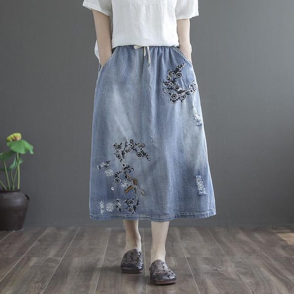 

skirts long maxi vintage denim for women plus size elasitc waist distresses elegant floral embroidery jeans skirt de mujer, Black
