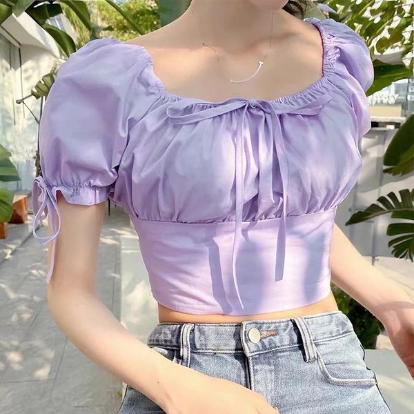

women french style sweet purple summer short blouse 2021 chic lady puff sleeve bow elastic waist shirt women's blouses & shirts, White