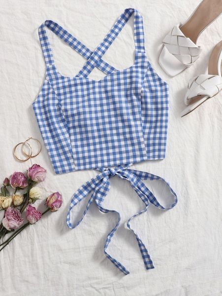 

gingham lace up back cami i1bc#, White