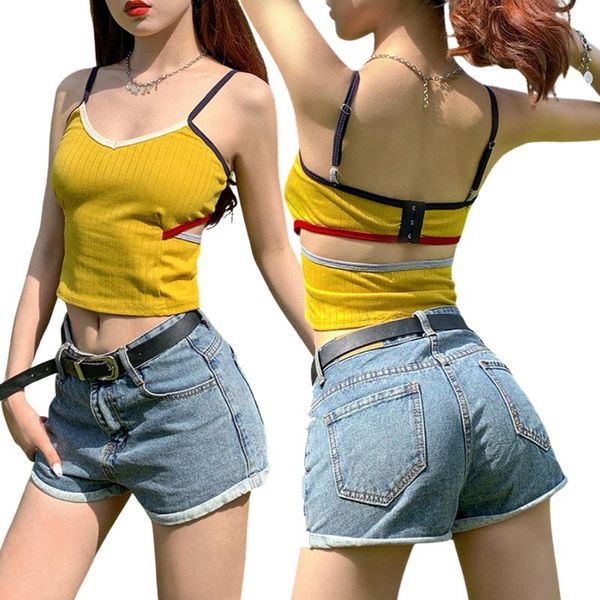 

fashion trend women summer color patchwork skinny sun- crop tanks vest backless casual fitting camisole  women's & camis, White
