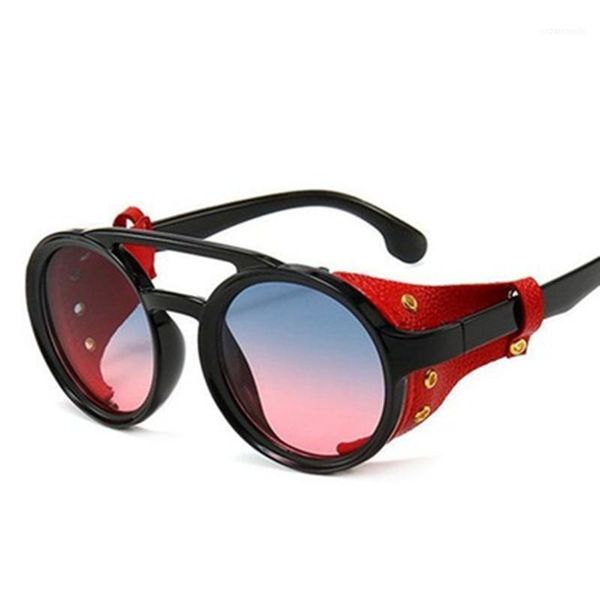 Óculos de sol retro quadro redondo punk vapor masculino personalidade couro de couro óculos de óculos de óculos de condução de óculos gafas de sol homem