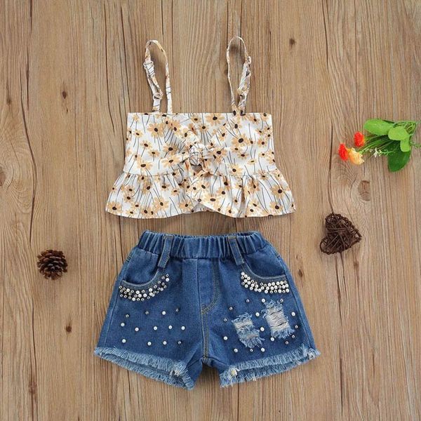 

kids clothing sets girls outfits baby clothes childrens suit summer children wear flower sleeveless pearl denim shorts 2pcs b7498, White