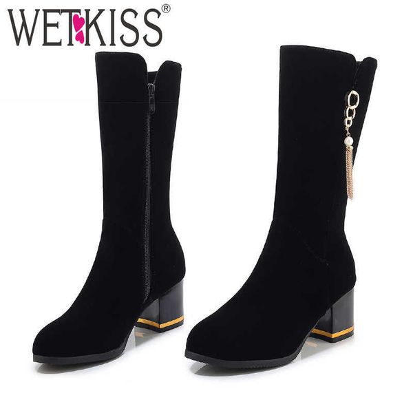

wetkiss mid-calf boot high heels thick boot female flock metal shoes ladies round toe shoe winter big size 210630, Black