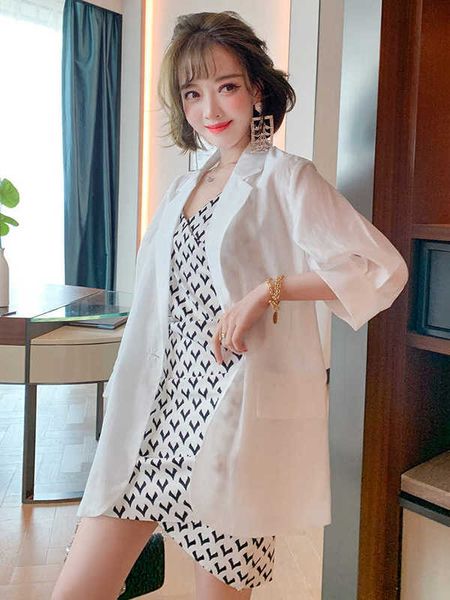 

miuco loose thin coat + printed v-neck suspender drs 2-piece suit style for women in spring and summer 2021, Black;gray