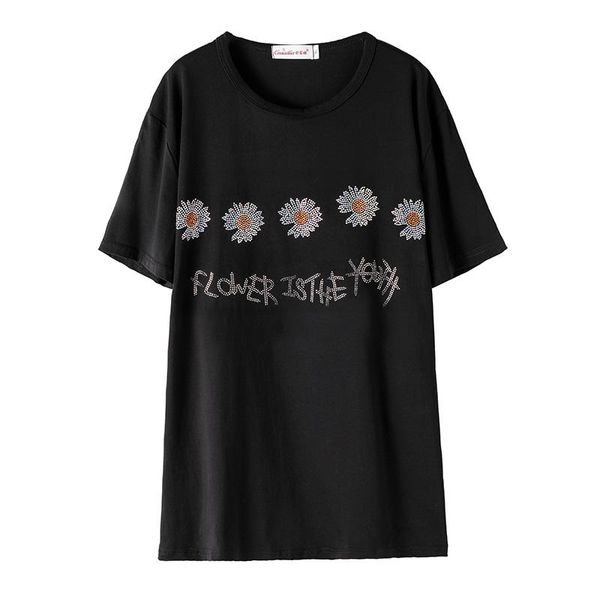 

women's t-shirt 2021 summer women harajuku flower drilling t-shirts plus size black diamonds t shirts loose tshirt fashion tees t2, White