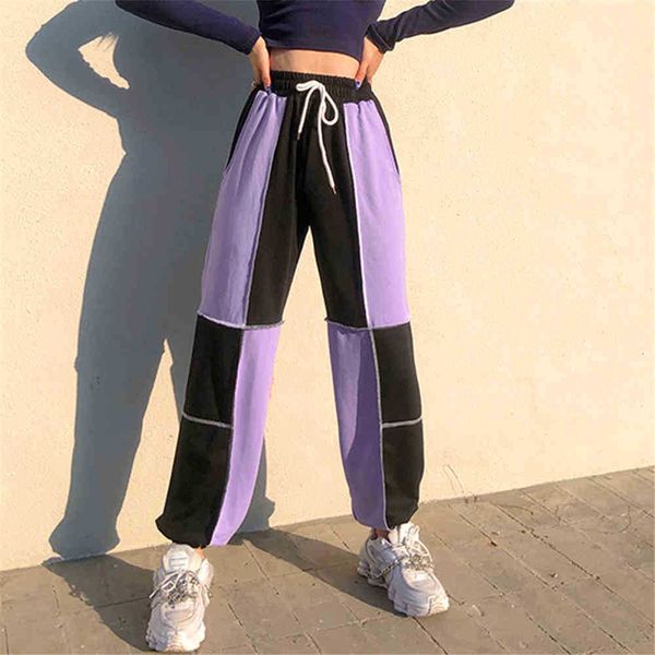 

women's pants & capris pant patchwork high-waist loose sweatpants women elastic waist drawstring harem lady fashion color block casual, Black;white