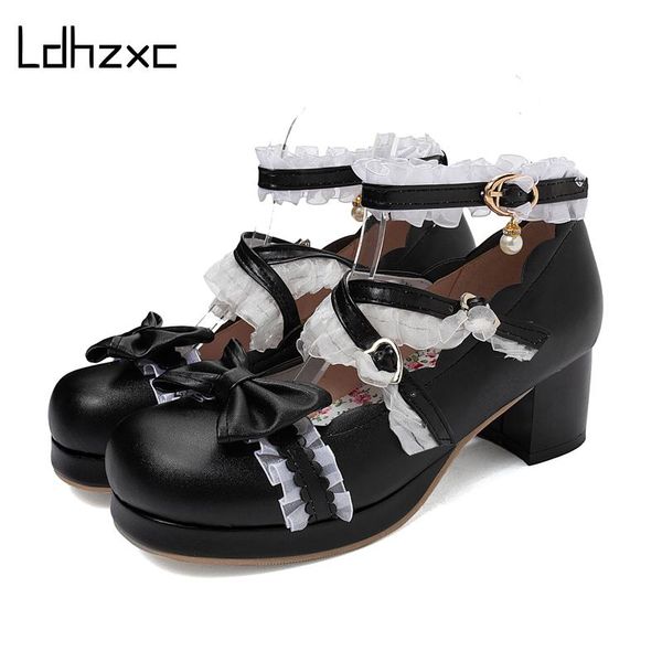 

sweet students uniform lolita shoes women low heels platform fashion single round toe lacing dress, Black