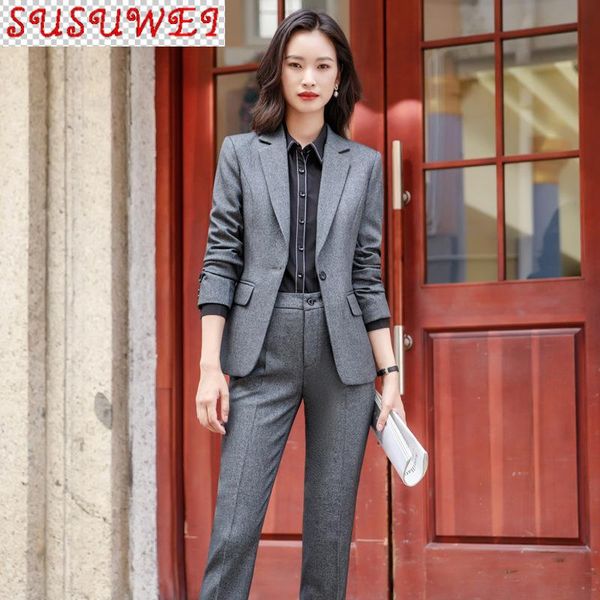 

autumn and winter suit pants women's suits two-piece elegant office jacket overalls slim business wear female two piece, White